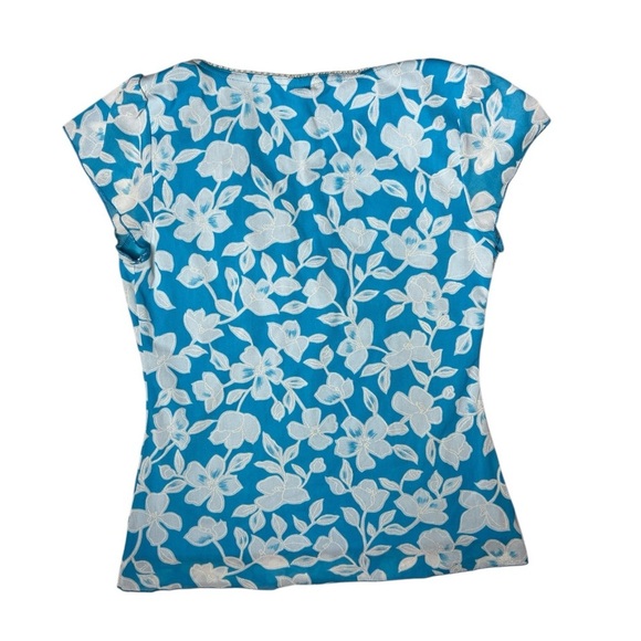 Vintage Y2K Wrapper Tropical Hawaiian Blouse Teal Blue White Floral Wrap Top - Picture 7 of 9